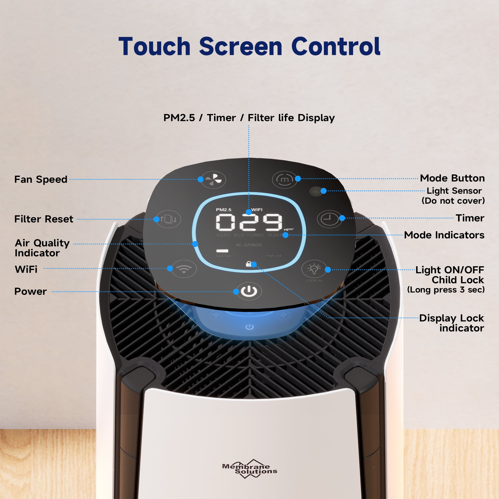 Membrane Solutions MS601W Smart Air Purifier with True HEPA Filter for Large Room up to 3027 sq ft
