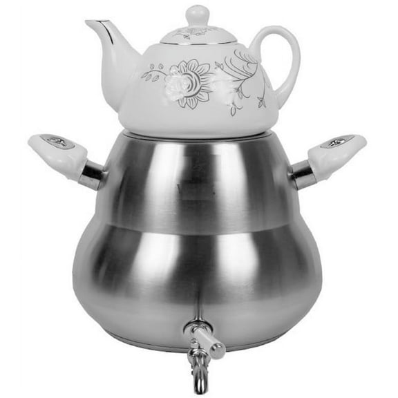 Transitional Large Capacity Classic Samovar Russian Persian Turkish Tea Maker Water Kettle Heavy Thick Stainless Steel Ceramic Porcelain Teapot 6 1=7 Liter W/Faucet