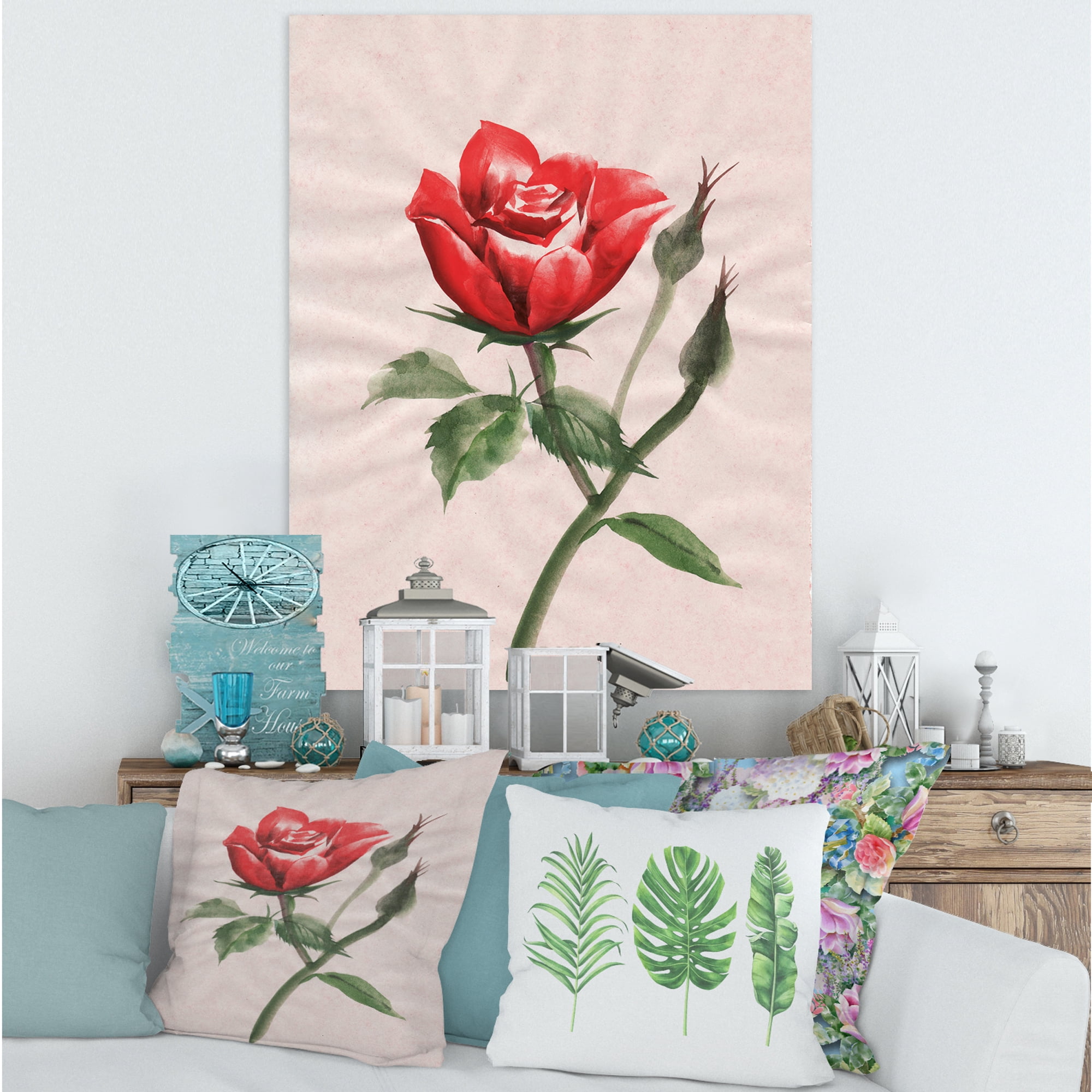 Designart ' Ancient Red Rose Flower II ' Traditional Canvas Wall Art Print