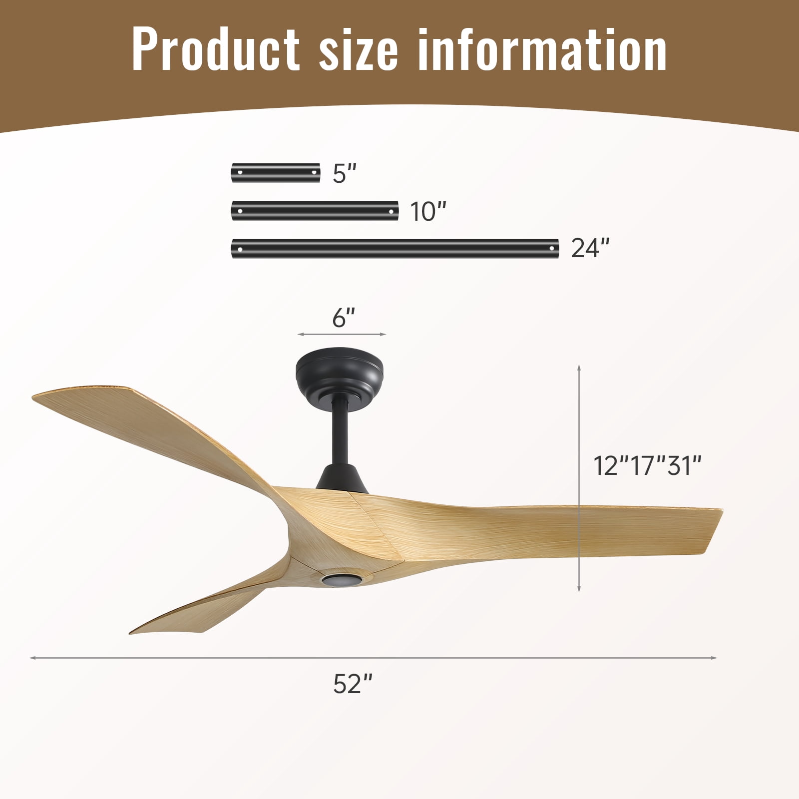Sofucor 52" Downrod ABS Ceiling Fans with Remote control ,Reverse Airflow,6 Wind Speed,Indoor&Outdoor Use,Sloped Ceiling Applicable