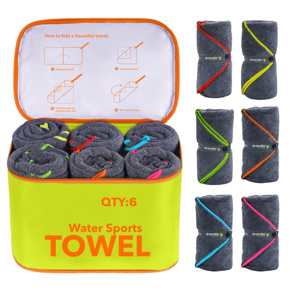 4Monster Lot de 6 Serviettes de Camping en Microfibre à Séchage Rapide, Serviette de Voyage Super Absorbante Serviette de Natation en Microfibre Portable avec Sac à Serviettes Imperméable, Serviette de Bateau Légère pour VR Sport Gym Plage Piscine Voyage en Famille