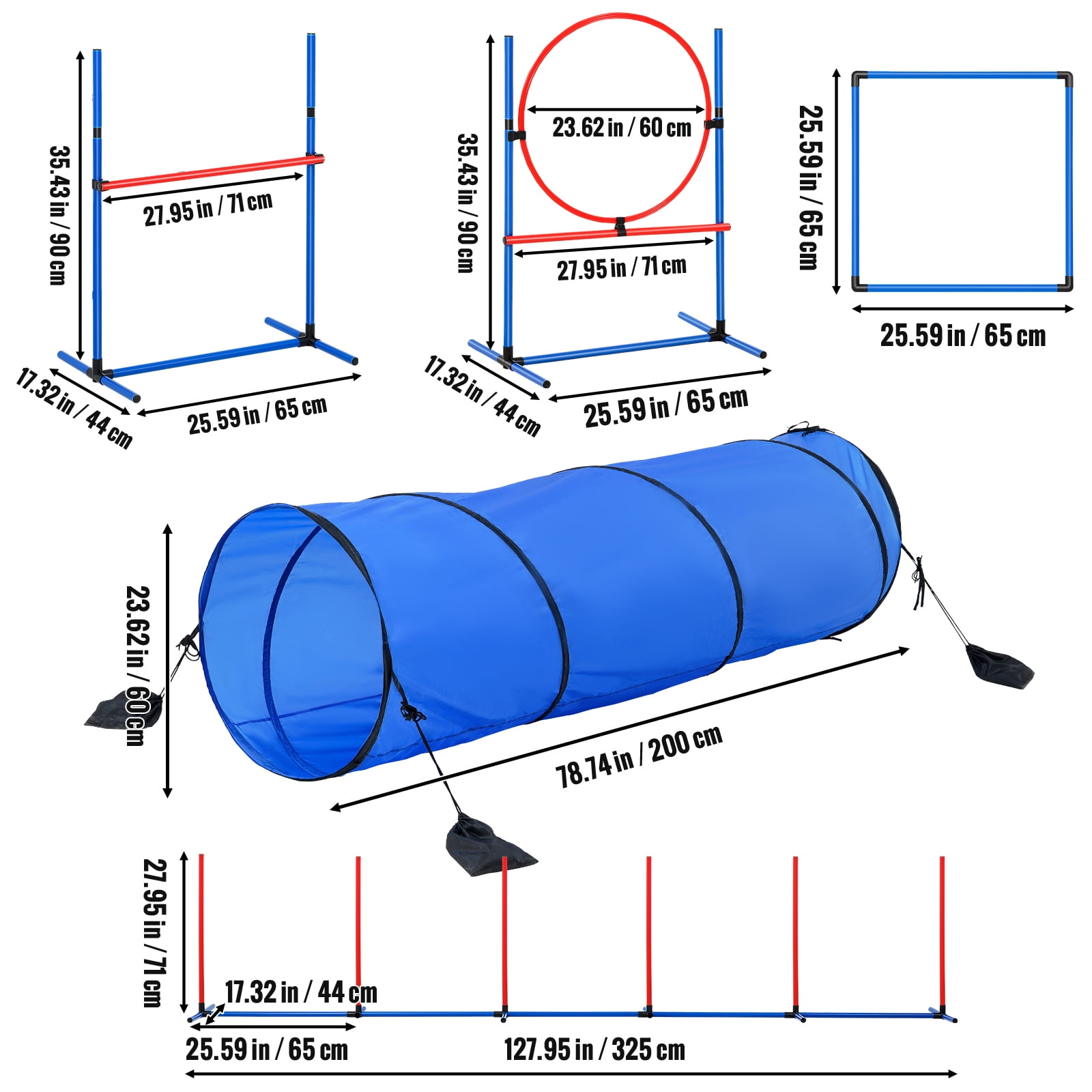 KFFKFF Canine Agility Prep Kit, Includes 5 Items: Variable Height Barriers, 6 Slalom Poles, Play Tunnel, Hoop Jump, Resting Square, Whistle, Collapsible Dish, & Carrying Cases for Easy Storage