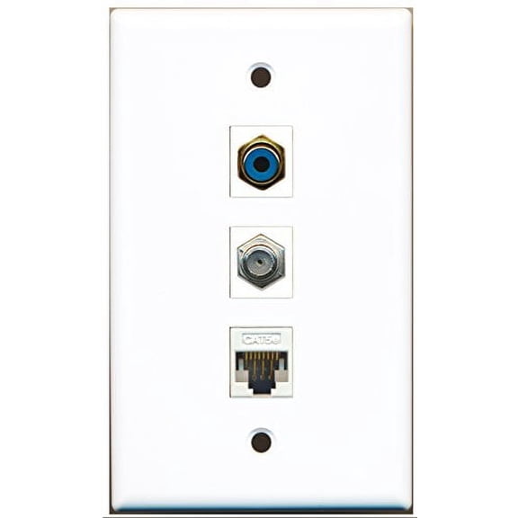 RiteAV - 1 Port RCA Blue and 1 Port Coax Cable TV- F-Type and 1 Port Cat5e Ethernet White Wall Plate