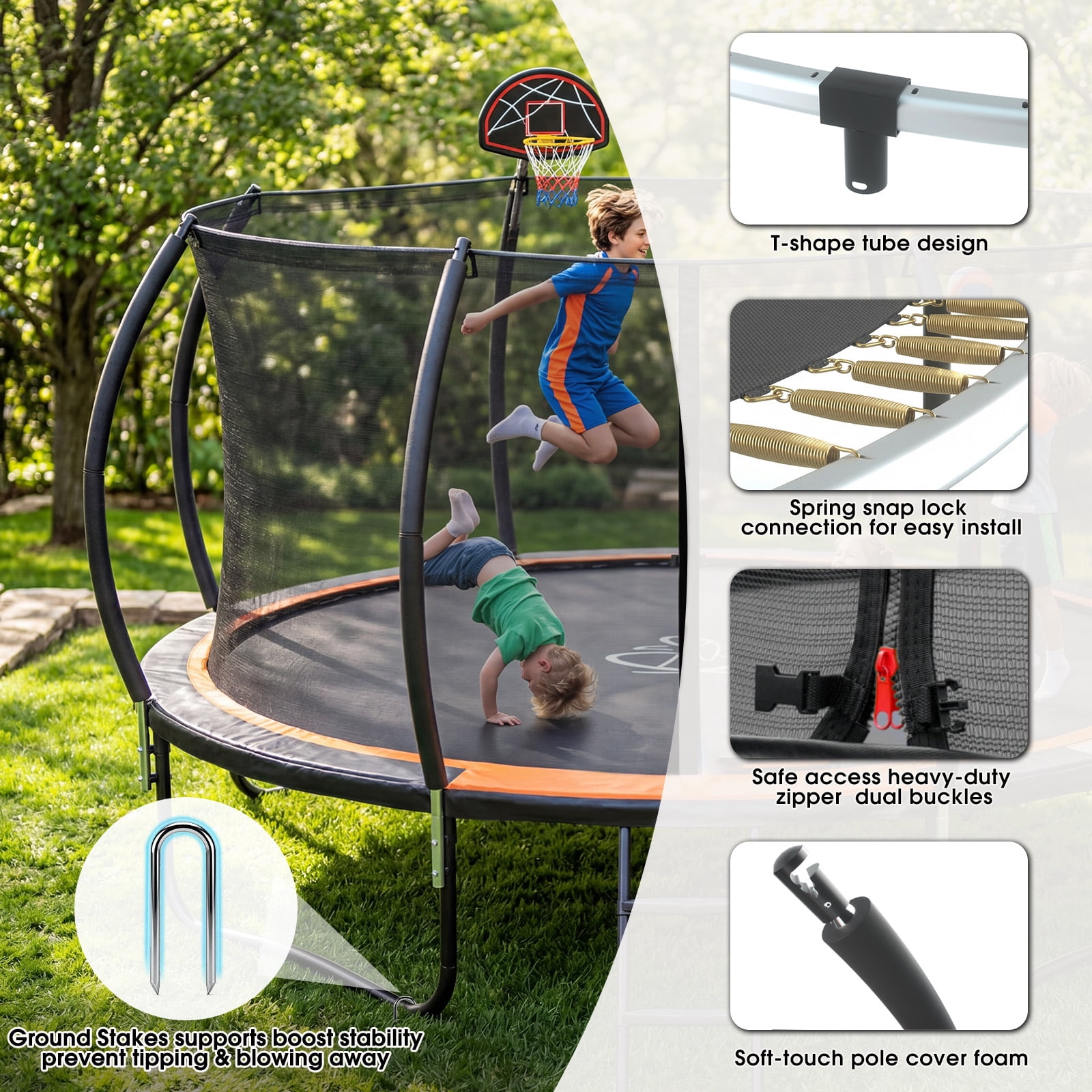 Lumeavetra Outdoor Trampoline for Kids & Adults with Anti-Rust Coating, Safety Enclosure Net, Basketball Hoop, Sprinkler & Ladder, Heavy-Duty Trampolne, Ideal Gift for Boys & Girls Birthday