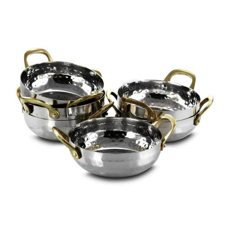 Hammered Stainless Steel Mini Sauce Pan with Brass Handles 5.5 oz.