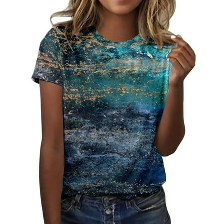 

Fsqjgq Long Sleeve Shirts for Women Trendy Womens Spring Summer Flower Printed Short Sleeve O Neck T Shirt Top Womens Pajama Tees Green L