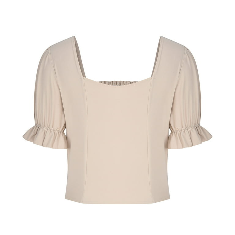 RYRJJ Women's Elegant Short Puff Sleeve Blouse Sweetheart Neckline