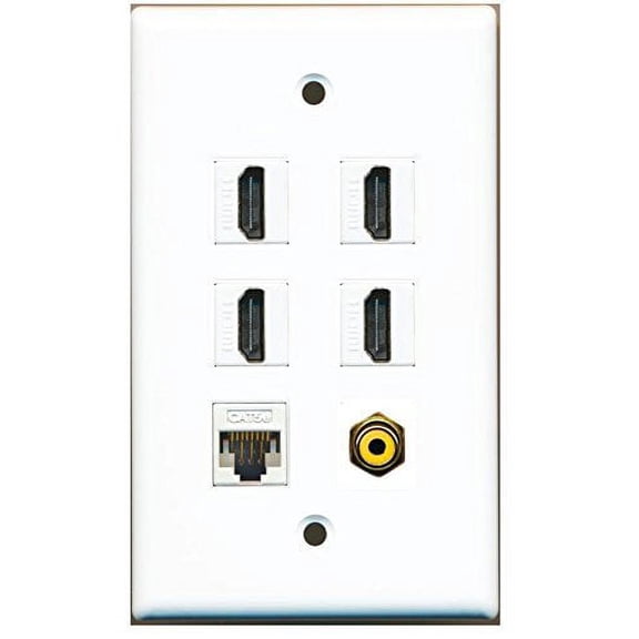 RiteAV - 4 HDMI and 1 Ethernet Cat5e and 1 RCA Yellow Port Wall Plate White