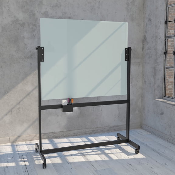 U Brands Magnetic Glass Dry Erase Board WITH Rolling Easel, 48x40 Inches, White Frosted Surface 2914U