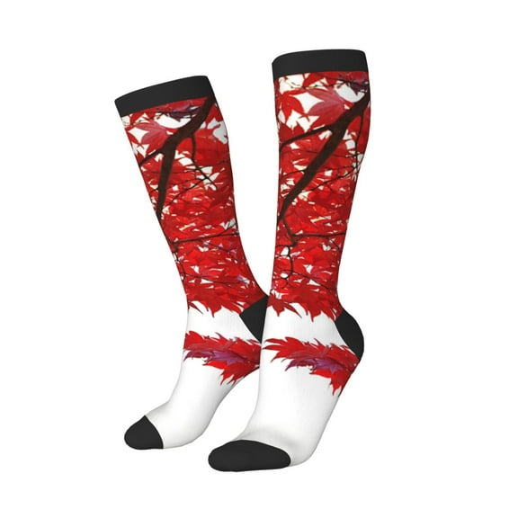 Knee High Socks for Women Men Athletic - Red Maple Leaf Thigh-High Black Sole Comfort Breathable Long Socks for Casual Travel Running