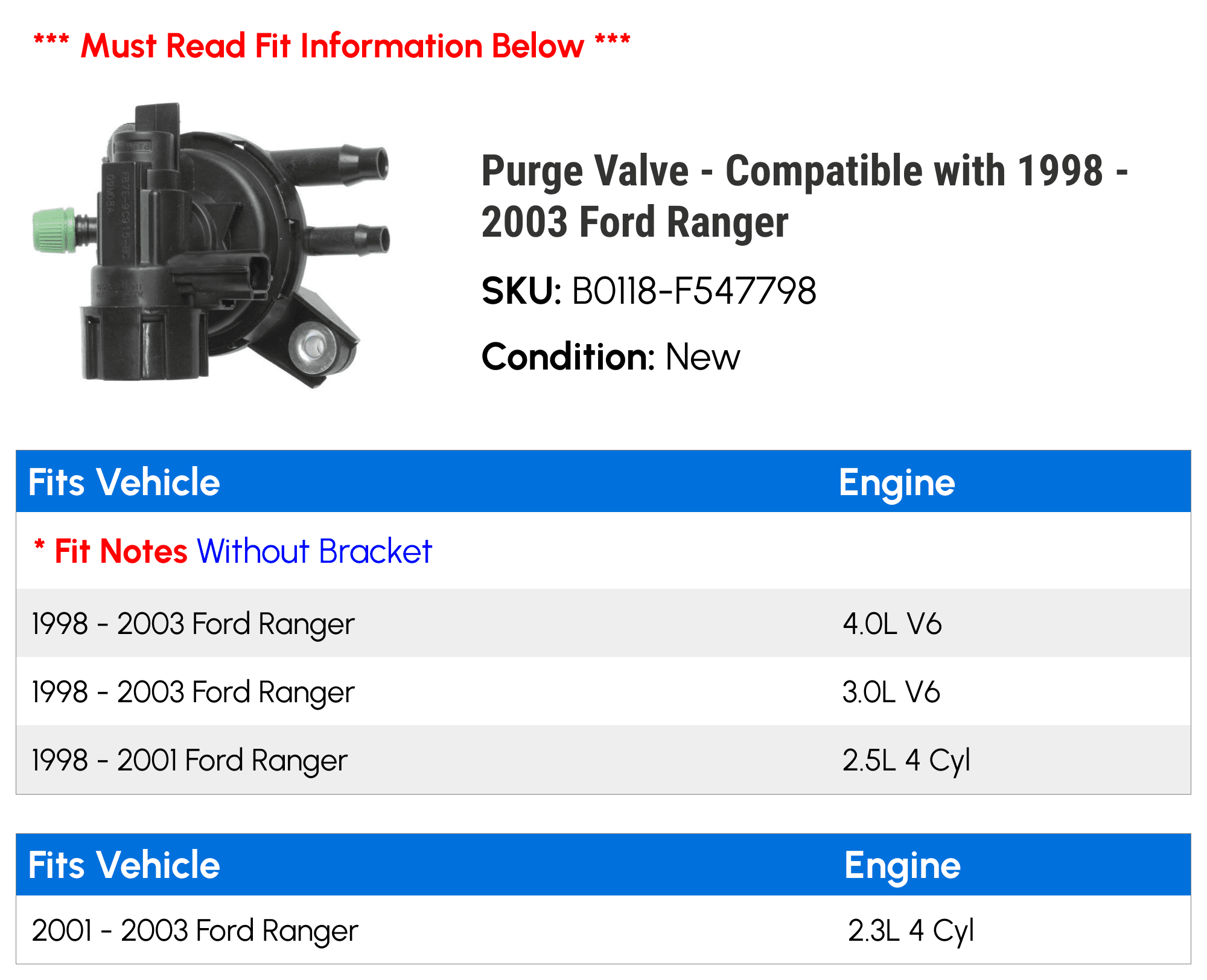 Purge Valve - Compatible with 1998 - 2003 Ford Ranger 1999 2000 2001 2002