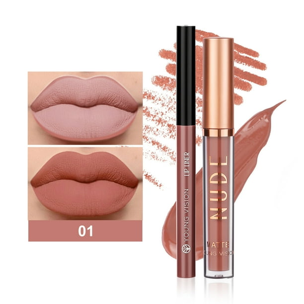 Set de lápiz labial líquido mate + delineador de labios, kit de maquillaje de labios, pigmento aterciopelado, tinte labial nude, brillo labial de larga duración, set de regalo de maquillaje de 2,5 ml