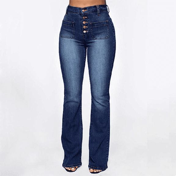 Women’s High-Waisted Washed Denim Jeans, Straight-Leg Long Pants with Button Patch Pockets, Casual Slimming Stretch Jeans for Daily Wear, Classic Comfortable Women’s Denim