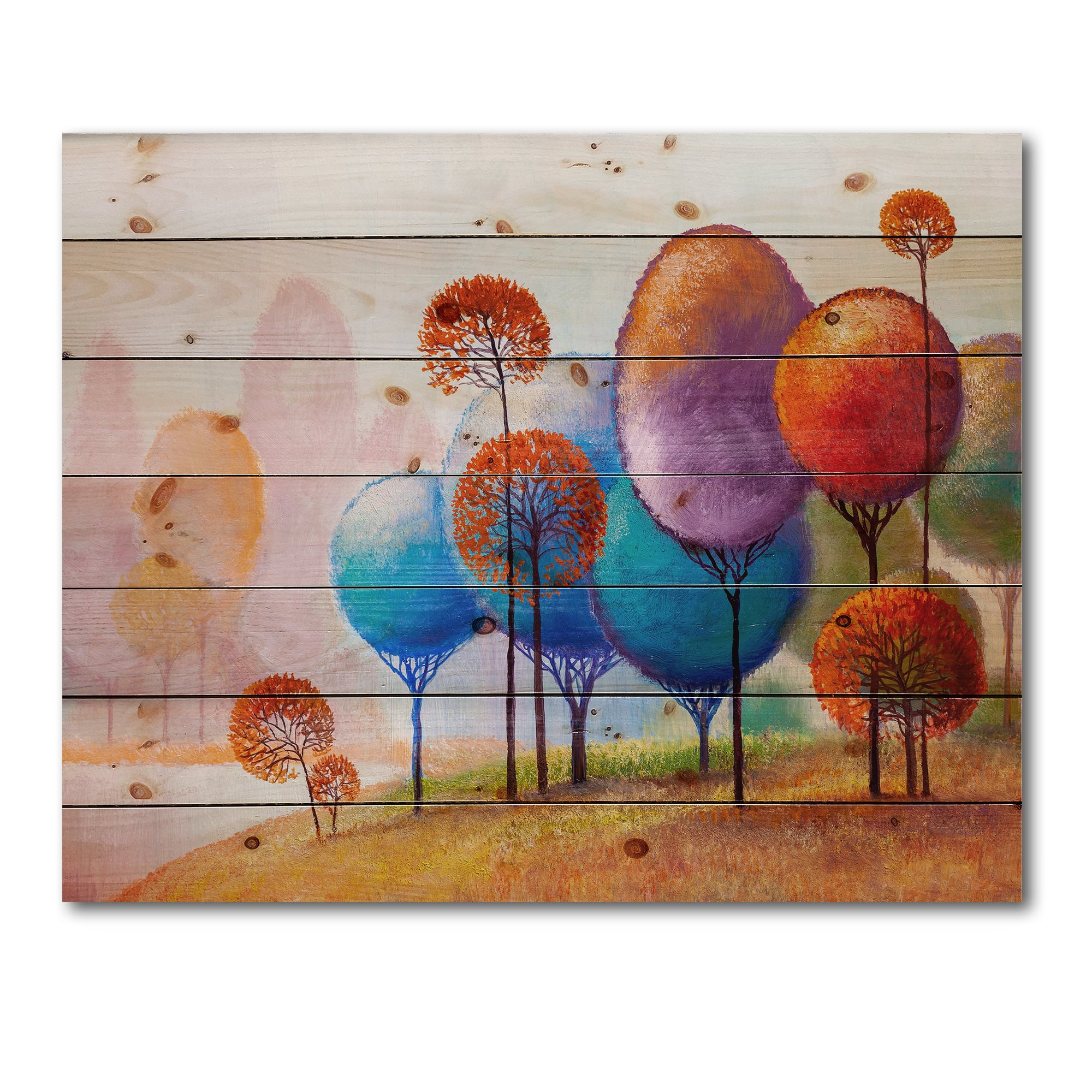 Designart 'Colourful Trees Abtract Impression III' Traditional Print on Natural Pine Wood