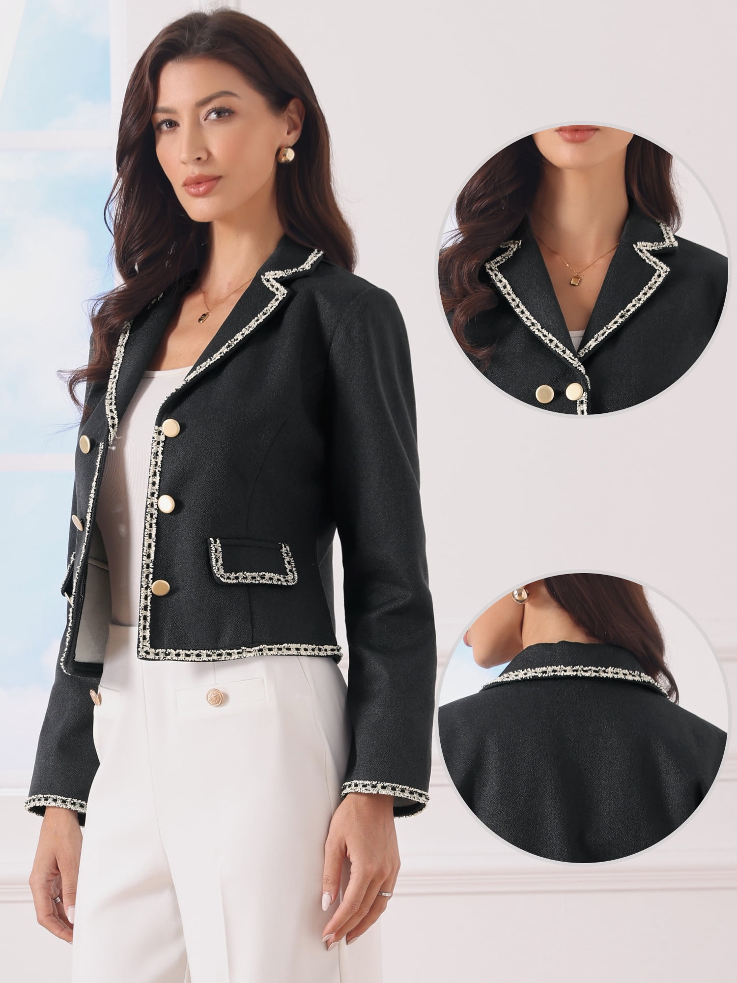 DARING DIVA Women's Vintage Notched Lapel Long Sleeve Cropped Blazer M Black