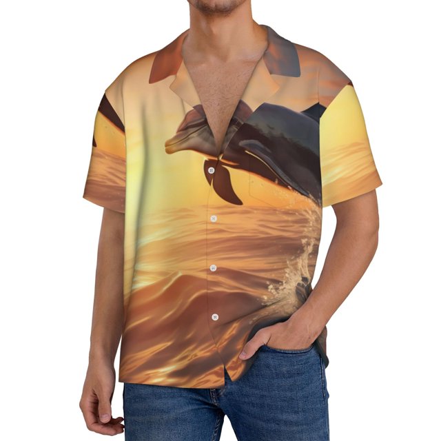 Balery Sunset Dancing Dolphin A Camisa Casual de Manga Corta con Botones para Hombre, Texturizada, Estilo Cubano, para Playa, Verano-3X-Large
