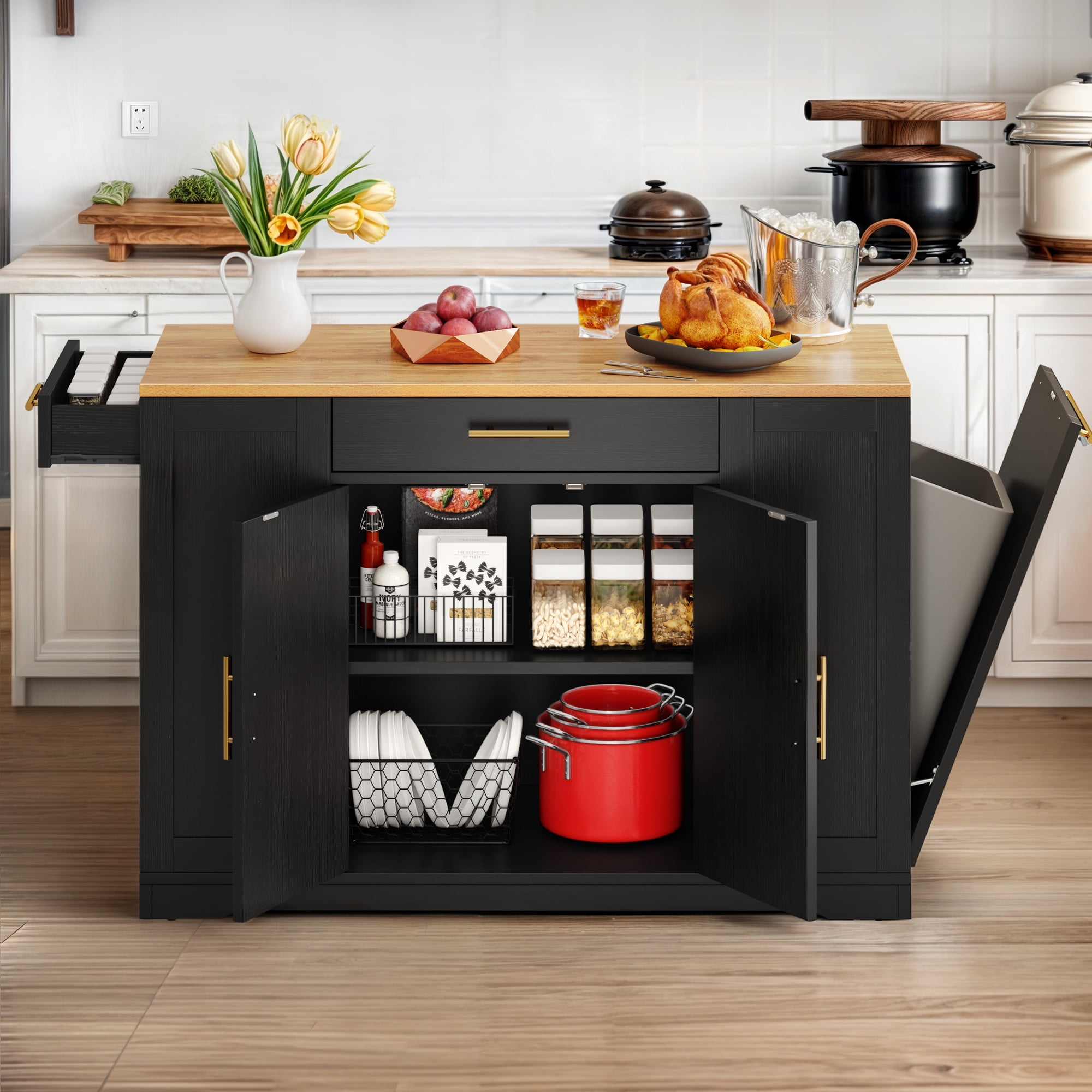 Dextrus Kitchen Island Cart with Trash Can Storage Cabinet, Rolling Kitchen Island Storage with Wheels and Drawers for 13-Gallon Trash Bin, Black