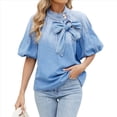thumbnail image 3 of Camisa Vaquera de Cuello Alto con Botones y Lazo para Mujer, Mangas Abullonadas Elásticas, Corte Holgado, Top Corto de Mezclilla. Azul XL, 3 of 10