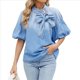 thumbnail image 3 of Camisa Vaquera de Cuello Alto con Botones y Lazo para Mujer, Mangas Abullonadas Elásticas, Corte Holgado, Top Corto de Mezclilla. Azul XL, 3 of 10