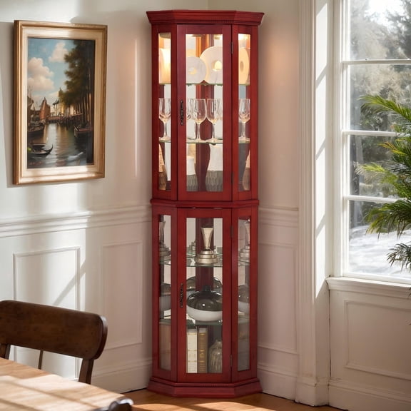 Eyisean 70" Vintage Lighted Corner Curio Cabinet, Glass Display Cage with 4 Tempered Adjustable Shelves, Freestanding Home Bar Cage with Doors, China Cabinet Include Light Bulb, Rack for Living Room