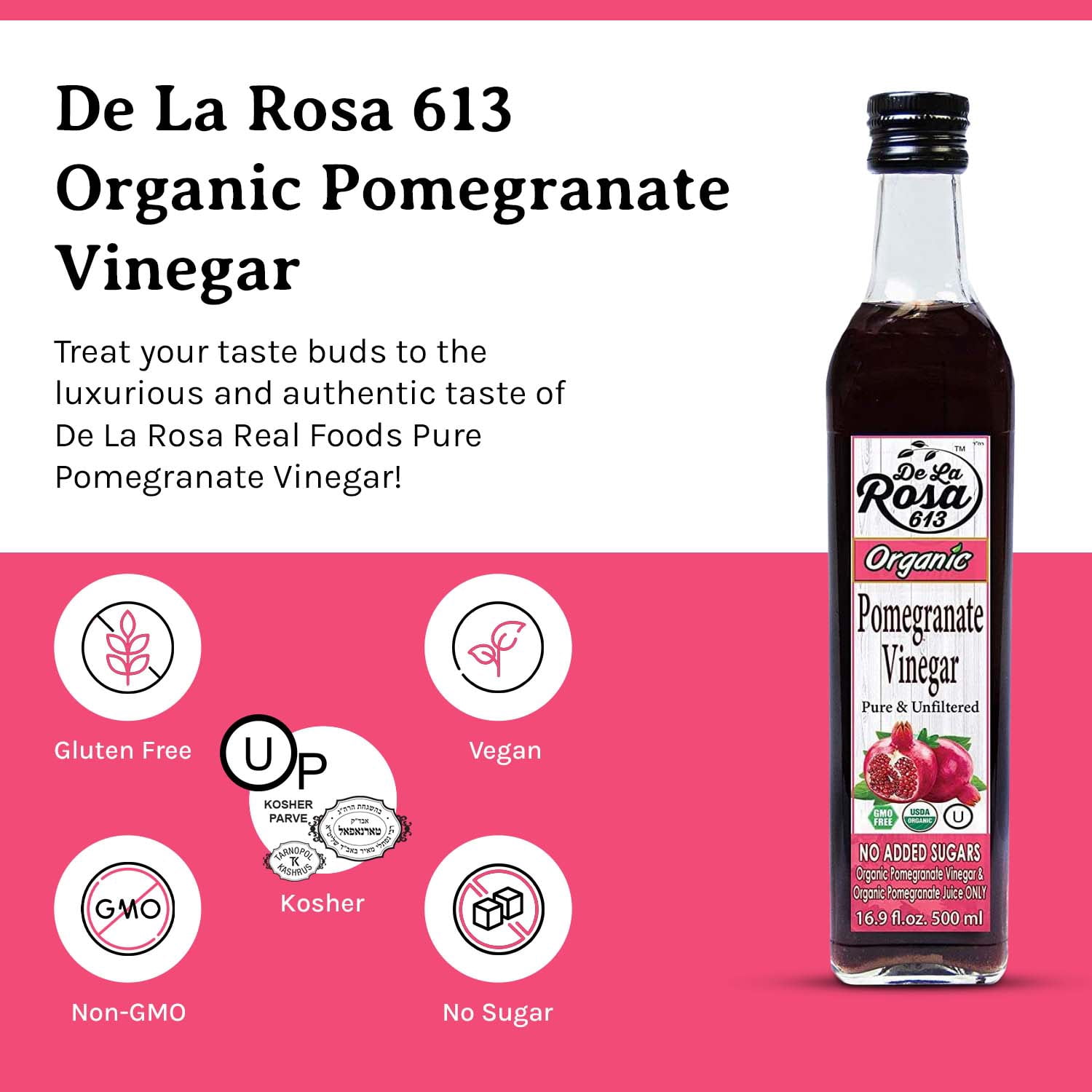 De La Rosa Organic Pomegranate Vinegar, Pure & Unfiltered, Vegan, 16.9 oz (pack of 2)