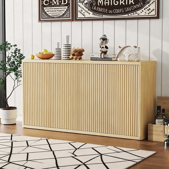 Panapinka 66.3" Fluted Sideboard Buffet Cabinet, Handle-Free Push-to-Open Credenza with 4 Doors & Adjustable Shelves, Modern Storage for Dining Room, Entryway