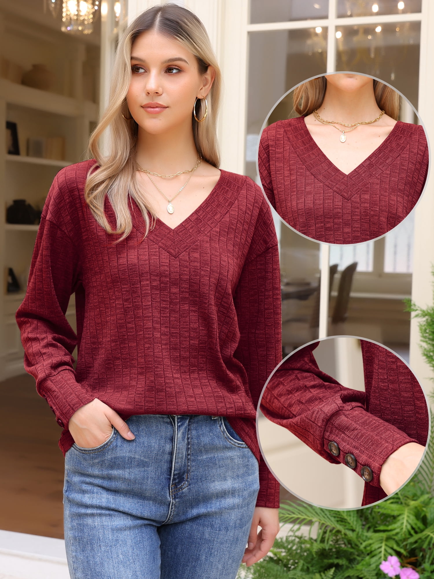 DARING DIVA Women's V Neck Long Sleeve Casual Knit Tunic Sweater XL Dark Red