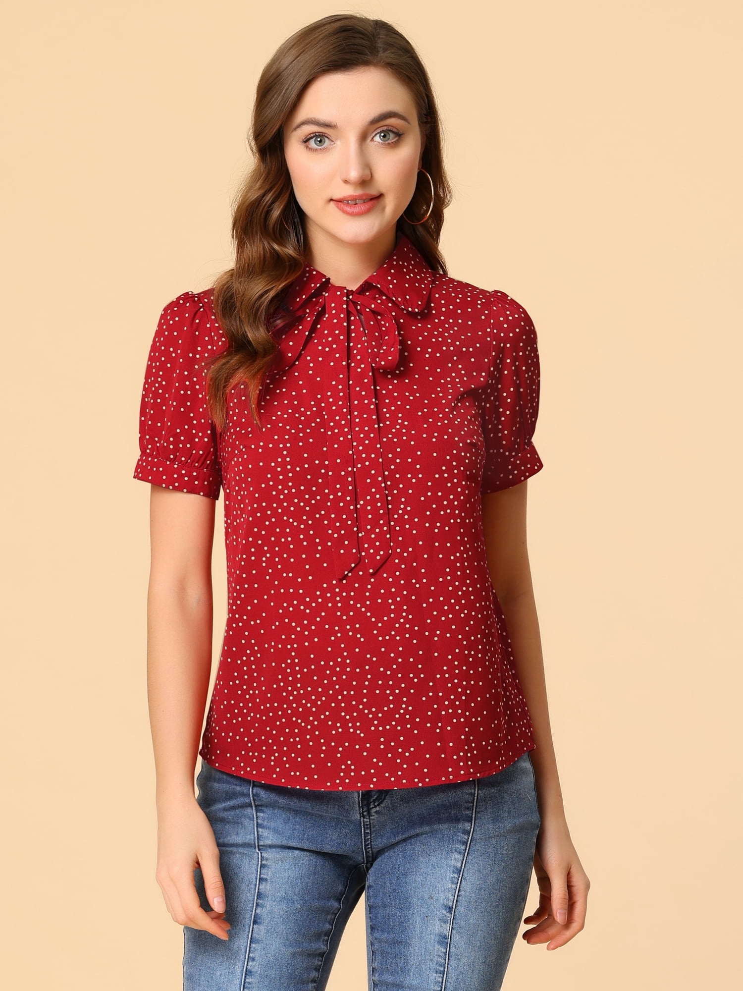 DARING DIVA Women's Polka Dots Tie Bow Chiffon Blouse XL Red-Dots