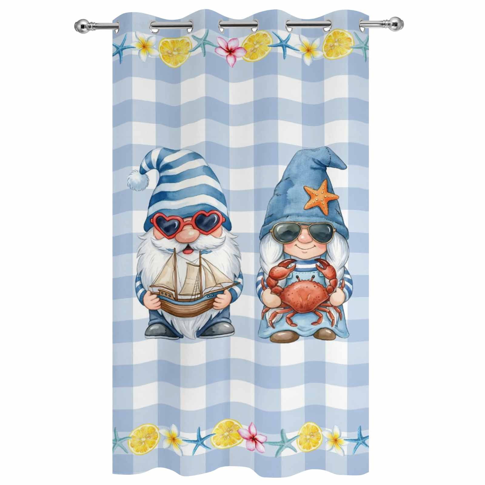 Outdoor Curtains for Patio Waterproof, Summer Gnomes Nautical Windproof Pravicy Outside Porch Blackout Curtain, Blue Floral Starfish Checkered Sun Blocking Grommets Curtains for Cabana 54"x108"