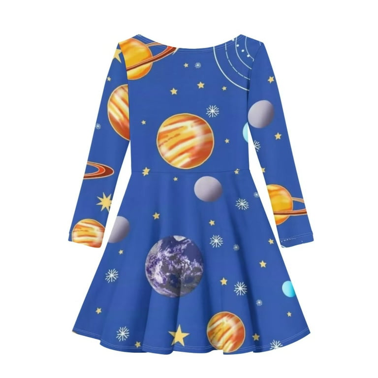and Print Dress Size Sleeves Round Winter Years with Dresses Preppy Girls School A-Line Suhoaziia 11-12 for Winter Elastic Toddler Neck Cosmic Jumpskirt Stars Playwear Blue
