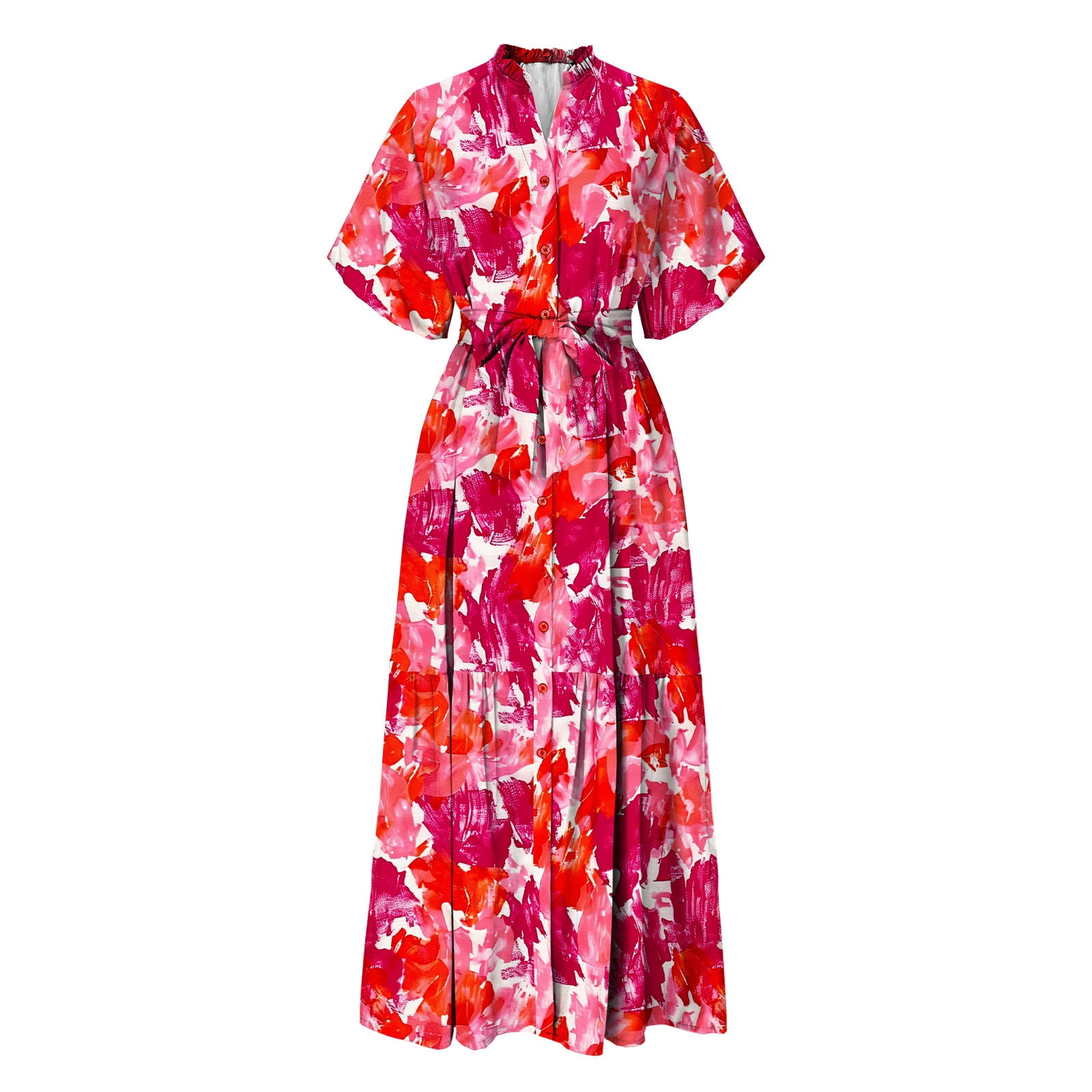 Miqool Women's Bohemian Floral Maxi Dresses Summer Casual Short Sleeve  Button Down Belted Flowy Long Dress Beach Vacation Sundress with Pockets -  Walmart.com