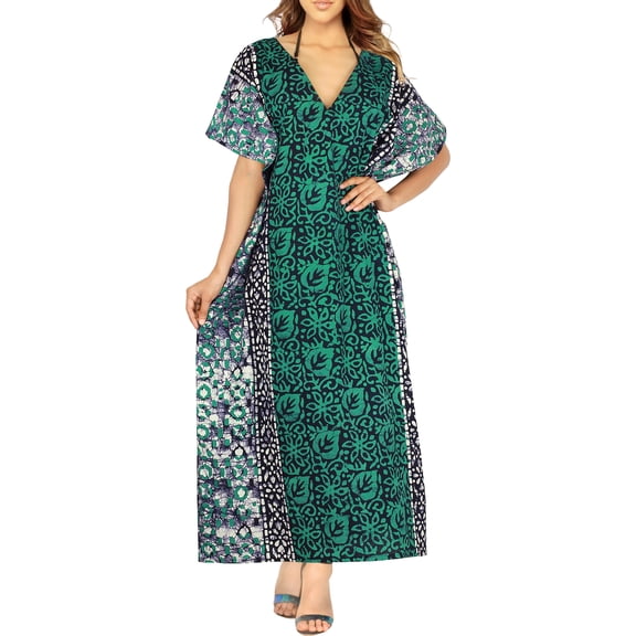 HAPPY BAY Women's Summer Batik Sleepwear Caftan Relaxed Fit V Neck Maxi Loungewear Dashiki House Dress Nightgowns for Women 3X-4X Forest, Floral