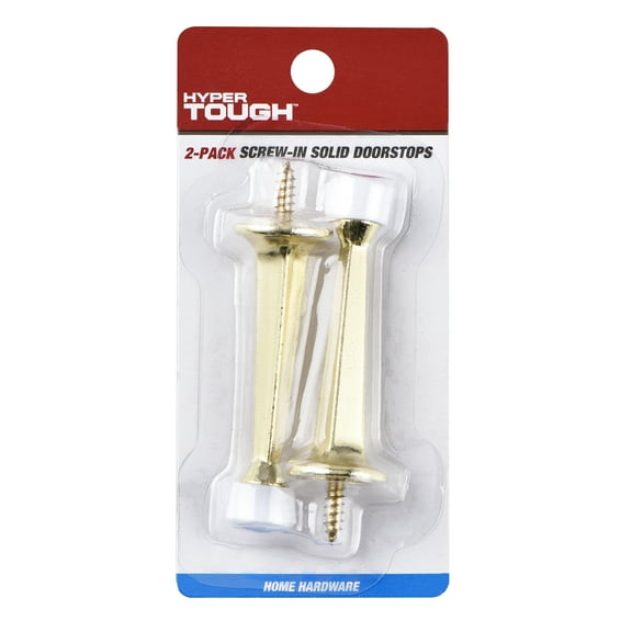 Hyper Tough New Hardware Brass Plated Screw-in Solid Doorstop, Zinc Die Cast, 2 Pack, Assembled Product Depth 5.65, Height 1.1, Width 2.7 inch.