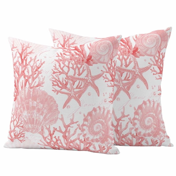 Outdoor Waterproof Pillow Covers Pink Conch Coral Shell Starfish Decorative Throw Pillow Protectors,Pillowcase Cushion Cases for Patio Sofa Garden Couch,16x16in,Pack of 2