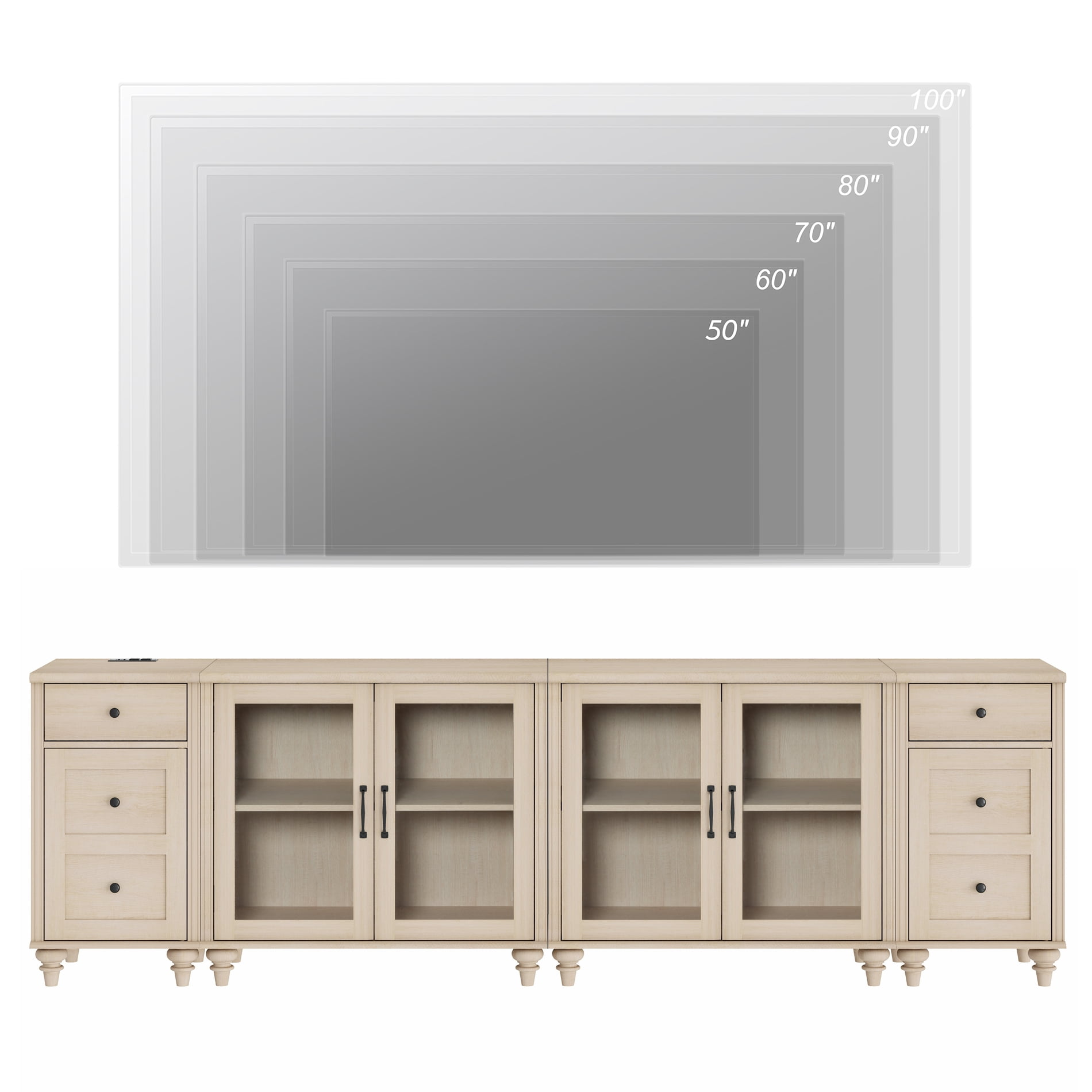 WAMPAT TV Stand for 100 Inch TV, Wood TV Console Table for 85 90 95 Inch TV, Entertainment Center with Charging Station & Glass Door, TV Stand for Dining Room, Beige