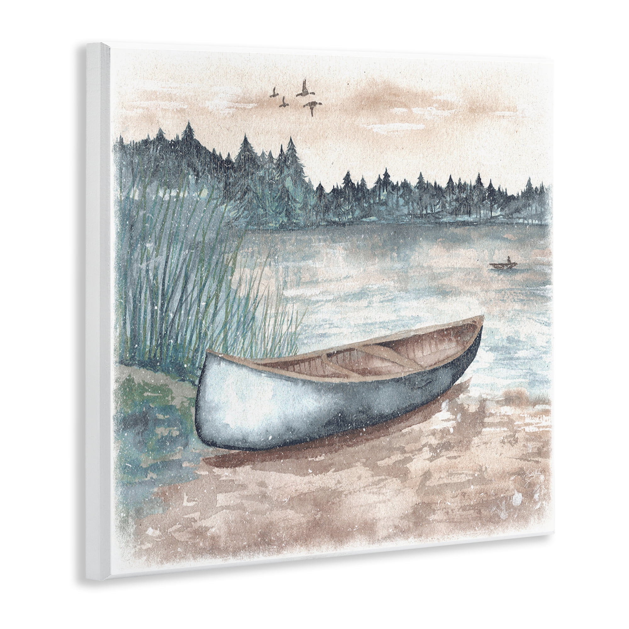 Stupell Industries Canoe on Lake Shore Landscape Painting Unframed Art Print Wall Art, 12 x 12