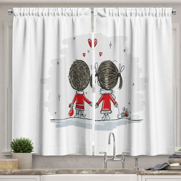 Ambesonne Love Kitchen Curtains, Couple Cartoon Art Style, 55"x39", Scarlet Cocoa Grey
