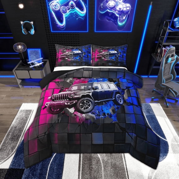 Erosebridal Black Sport Car Bedding Twin Comforter Set,Geometric Plaid Down Comforter,Extreme Sports Bedding Sets Twin with Comforter,Microfiber Buffalo Room Decor,Reversible,2-Piece