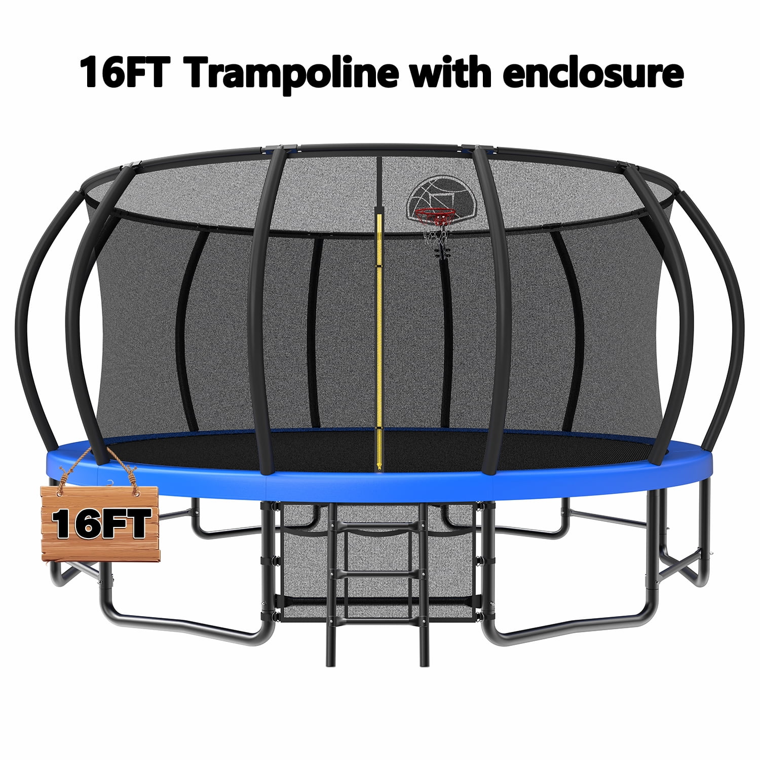 Leumius 16FT Trampoline with Enclosure Net,Outdoor Heavy Duty Pumpkin Trampolines with Curved Poles,Recreational Trampolines with Ladder and Basketball Hoop for Kids and Adults,Blue