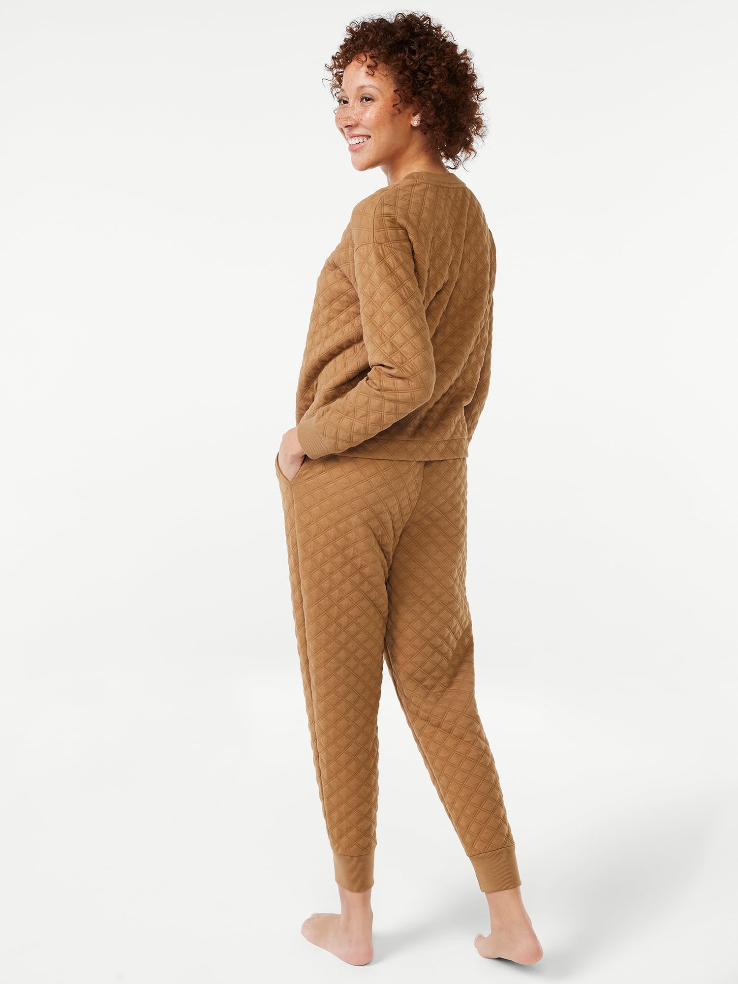 Joyspun Women's L Pockets/Polyester 2-Piece Quilted Top and Joggers Sleep Set, Urban Camel