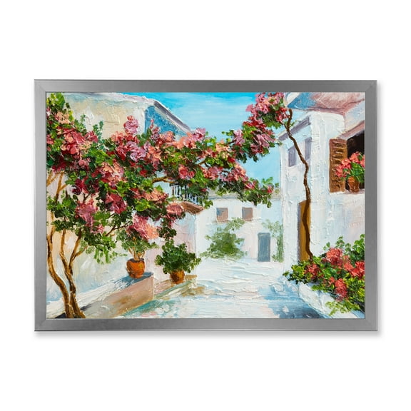Designart 'Blossoming Flowers With White House Near The Sea' Nautical & Coastal Framed Art Print