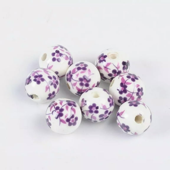 U8MO 10 Porcelain Flower Beads 12mm White Purple Ceramic Jewelry Making Findings