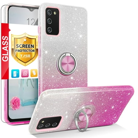 TJS Phone Case for Samsung Galaxy A03S, with Tempered Glass Screen Protector Two Tone Shinny Glitter Metal Ring Magnetic Support Kickstand Cover (Pink)