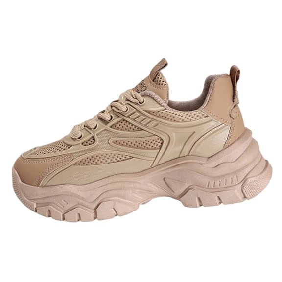 AUDeals Women’s Chunky Mesh Sneakers Thick Sole PU Leather Platform Shoes Lace Up Casual Walking Sneakers (Khaki, 7.5)