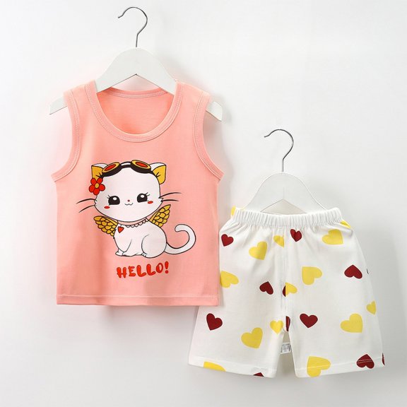 Nrmvnmi Toddler Girls Summer Casual Suit Cute Cat Print Sleeveless Round Neck Tank Top Elastic Waist Shorts 2 Pcs Cotton Set