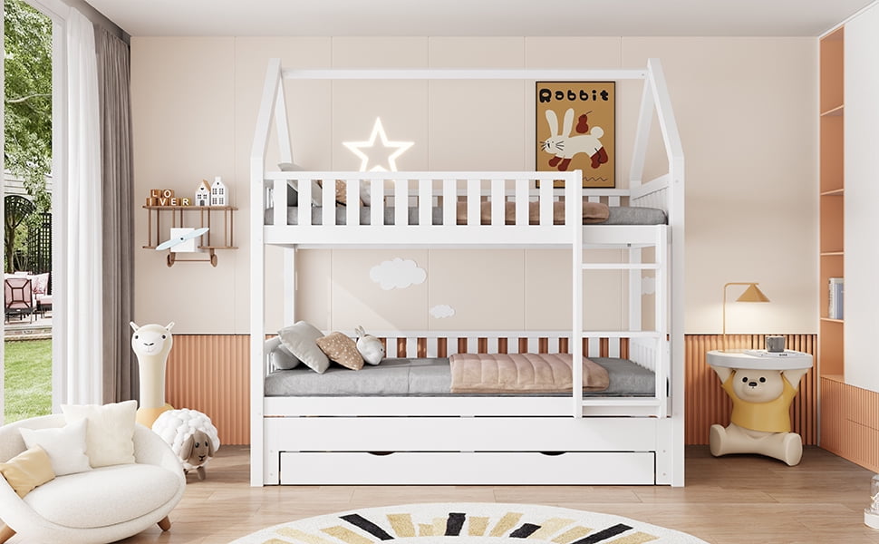Mintazer Twin Over Twin House Bunk Bed with Trundle & 3 Drawers, Kids Bunk Bed Frame with Ladder, White