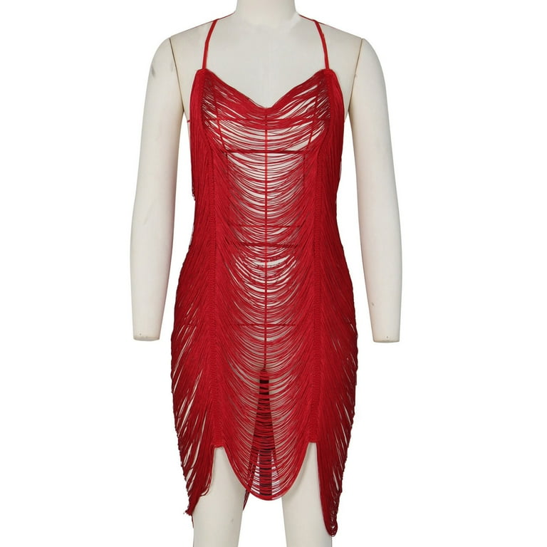 BYHONG Women s Sexy Draped Fringe Lingerie Chemise Dress Sexy Openwork Dress Tassel Party Skirt Summer Dresses for Women 2024 Red L Walmart