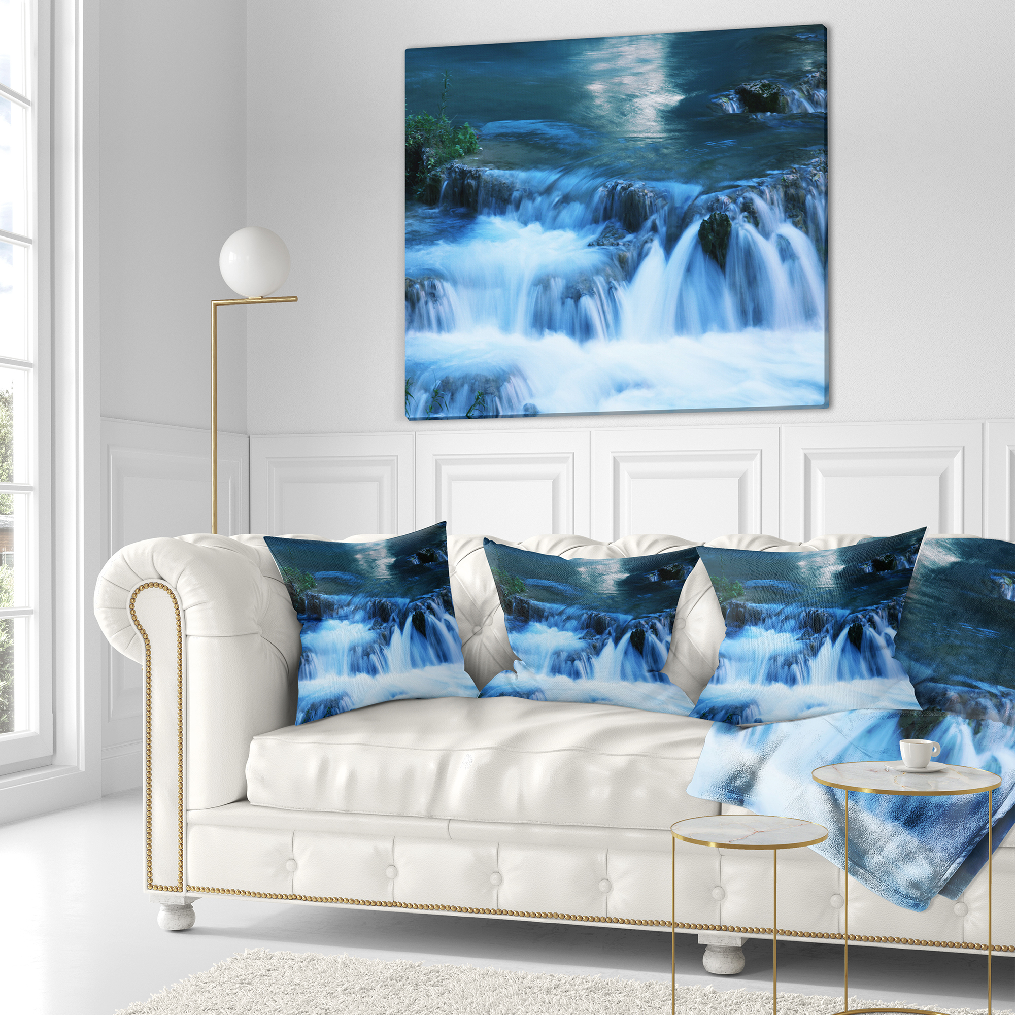 Designart Beautiful Small Blue Waterfalls - Landscape Wall Throw Pillow - 18x18