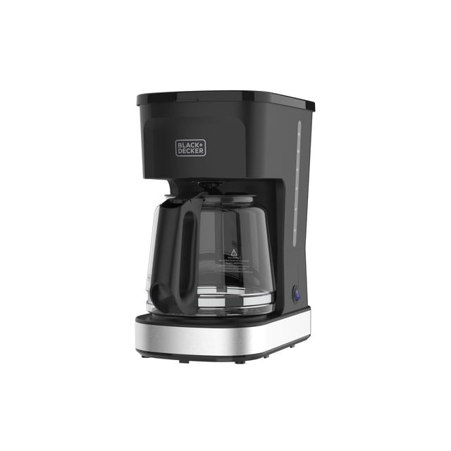black+decker cafetera café craft 12 tazas con tecnología vortex, cm0021-0sdla — Cafetera de goteo negra con acentos en acero inoxidable, vista frontal 3/4; jarra de vidrio con mango negro sobre placa calefactora de acero cepillado, indicador de nivel de agua lateral y botón de encendido azul. Especificada para 12 tazas, cuenta con filtro permanente y función Sneak-A-Cup; también suele usarse para preparar bebidas instantáneas en tazas grandes.
