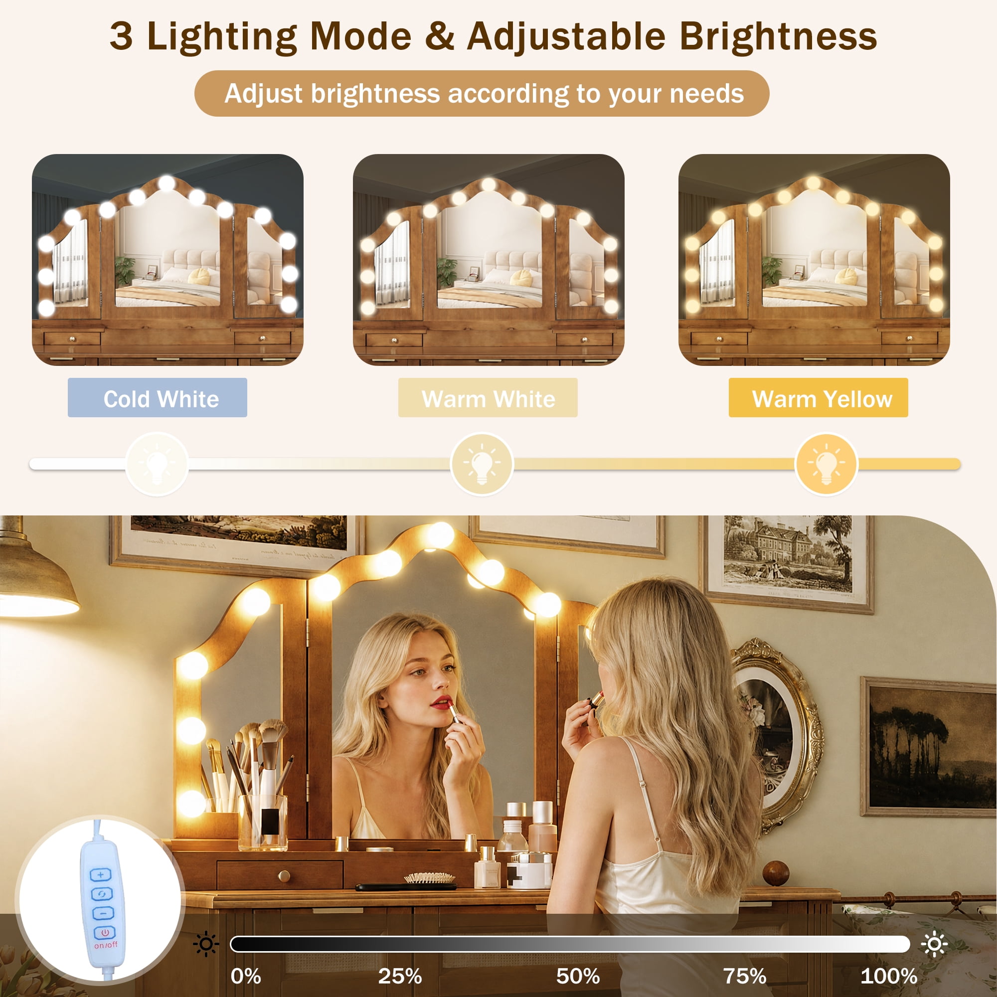 Aukfa Luxury Makeup Vanity Set with Tri-Fold Mirror & Lights, Large Vanity Desk with 5 Drawers, Tool and Built-In Outlets,Espresso